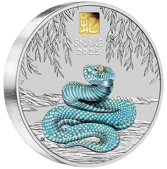 Australia 2025 $30 Year of the Snake 1 kilo.9999 Silver Coloured Coin with Gold Privy Mark PERTH MINT