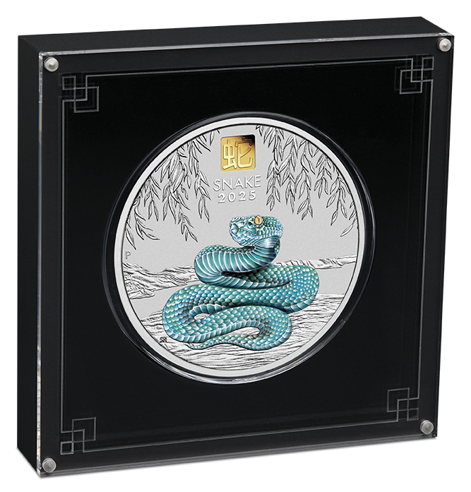 Australia 2025 $30 Year of the Snake 1 kilo.9999 Silver Coloured Coin with Gold Privy Mark PERTH MINT