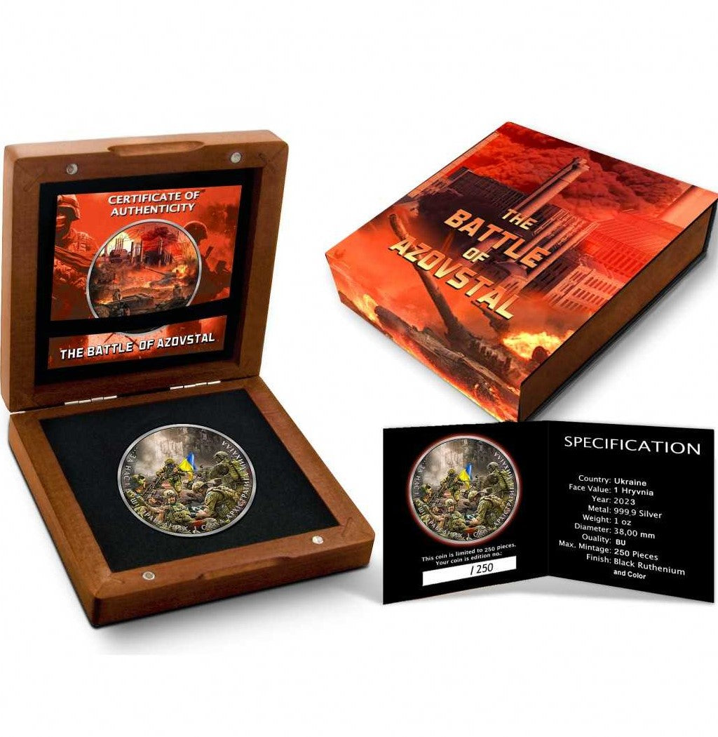 Ukraine 2023 1 Hryvna THE BATTLE OF AZOVSTAL 1 Oz Coloured .9999 Silver Coin Box Case Certificate