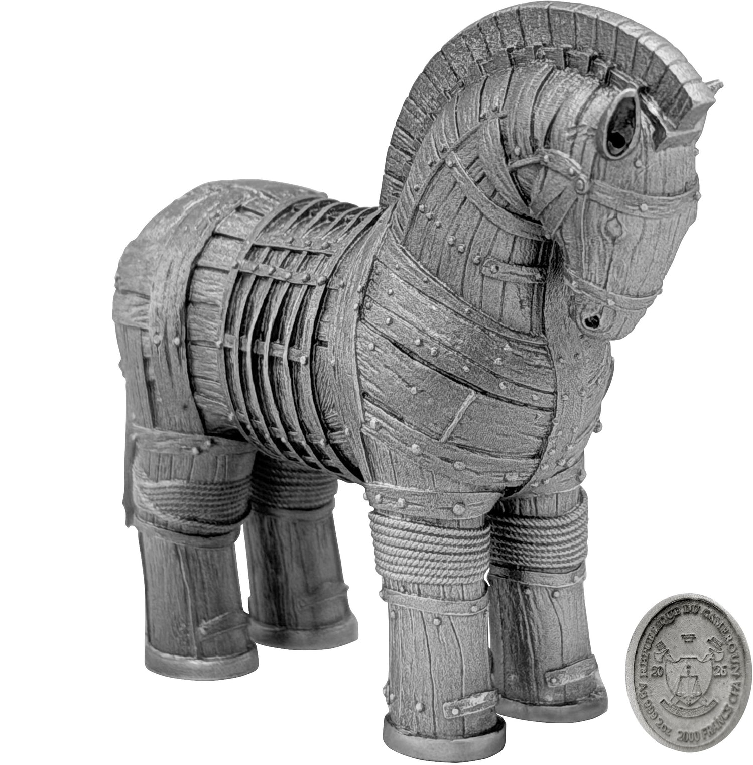 Cameroon 2026 2000 CFA Trojan Horse Shadows of Myths 2oz Antique Silver 3D Shaped Corn RIGHT SIDE Reverse and Obverse