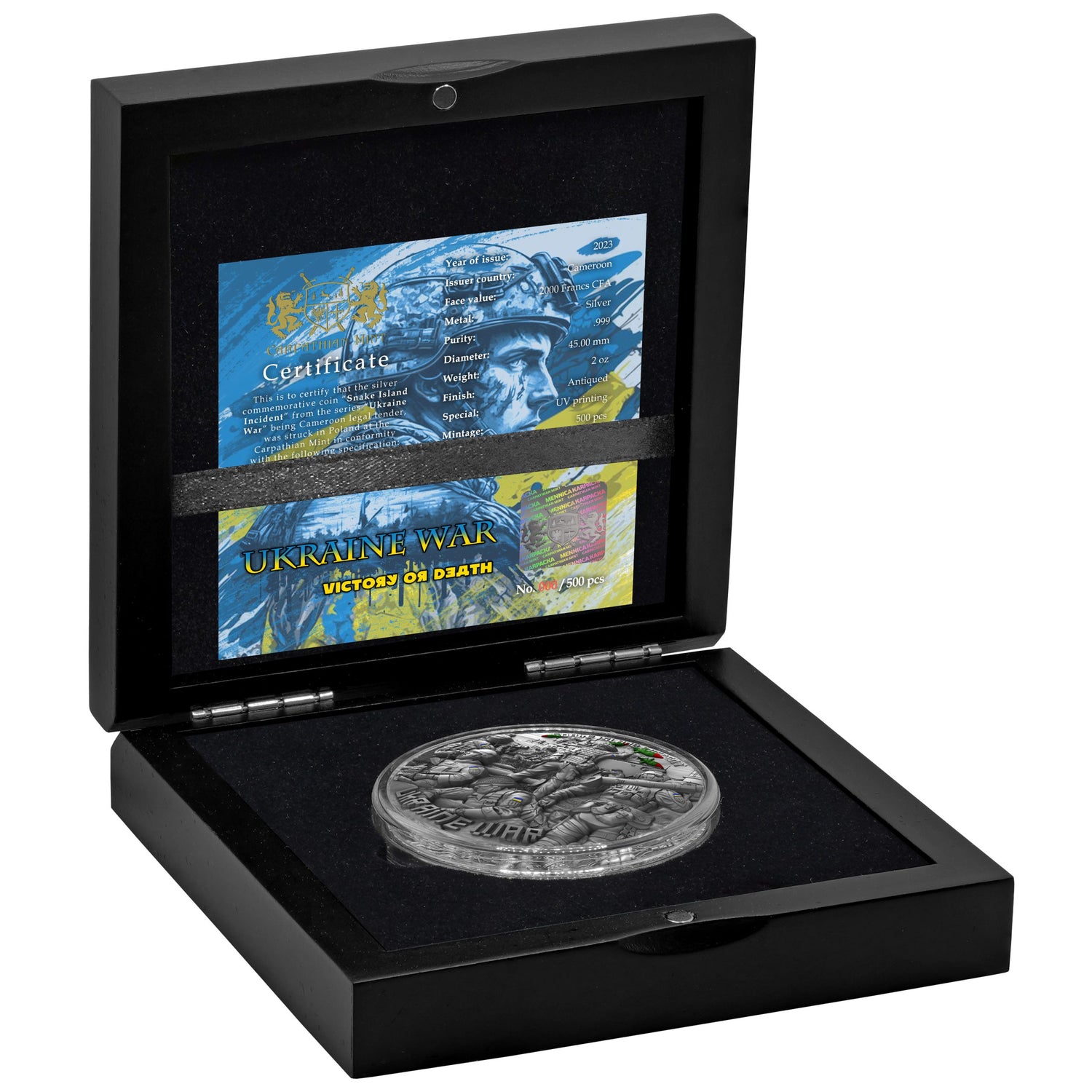 Cameroon 2023 2000 Francs SNAKE ISLAND INCIDENT Ukraine War 2 Oz Antique .999 Silver Coin Case