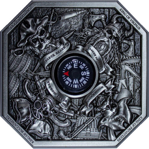 KOMSCO South Korea 2024 The Kings of Pirates 2 oz .999 Silver Antiqued Stacker Obverse