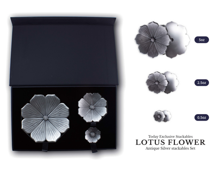 KOMSCO South Korea 2023 Lotus Flower 8oz Silver Antique  3-Piece Stacker