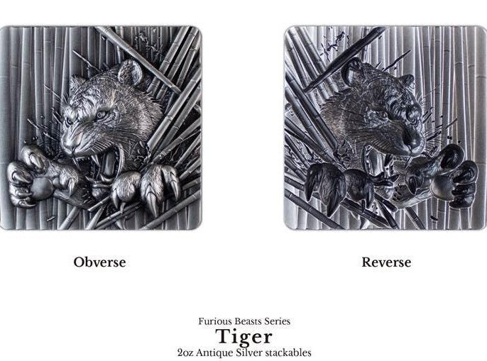 KOMSCO South Korea 2024 Furious Beasts Tiger 2 oz .999 Silver Antique UHR Stacker Convex and Concave