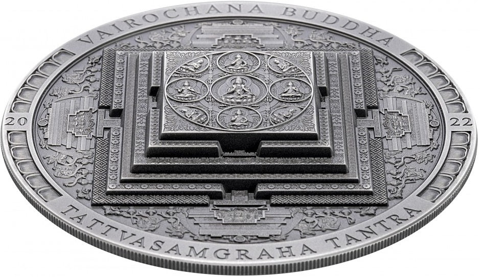 Mongolia 2022 2000 Togrog VAIROCHANA BUDDHA MANDALA Archeology Symbolism Ultra High Relief Antiqued 3 Oz Silver Coin