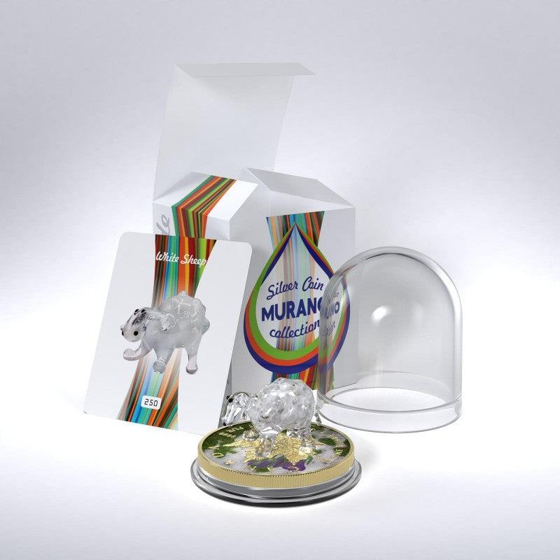 Canada 2022 $5 WHITE SHEEP Murano Glass Series Maple Leaf 1 oz .9999 Colourised Silver