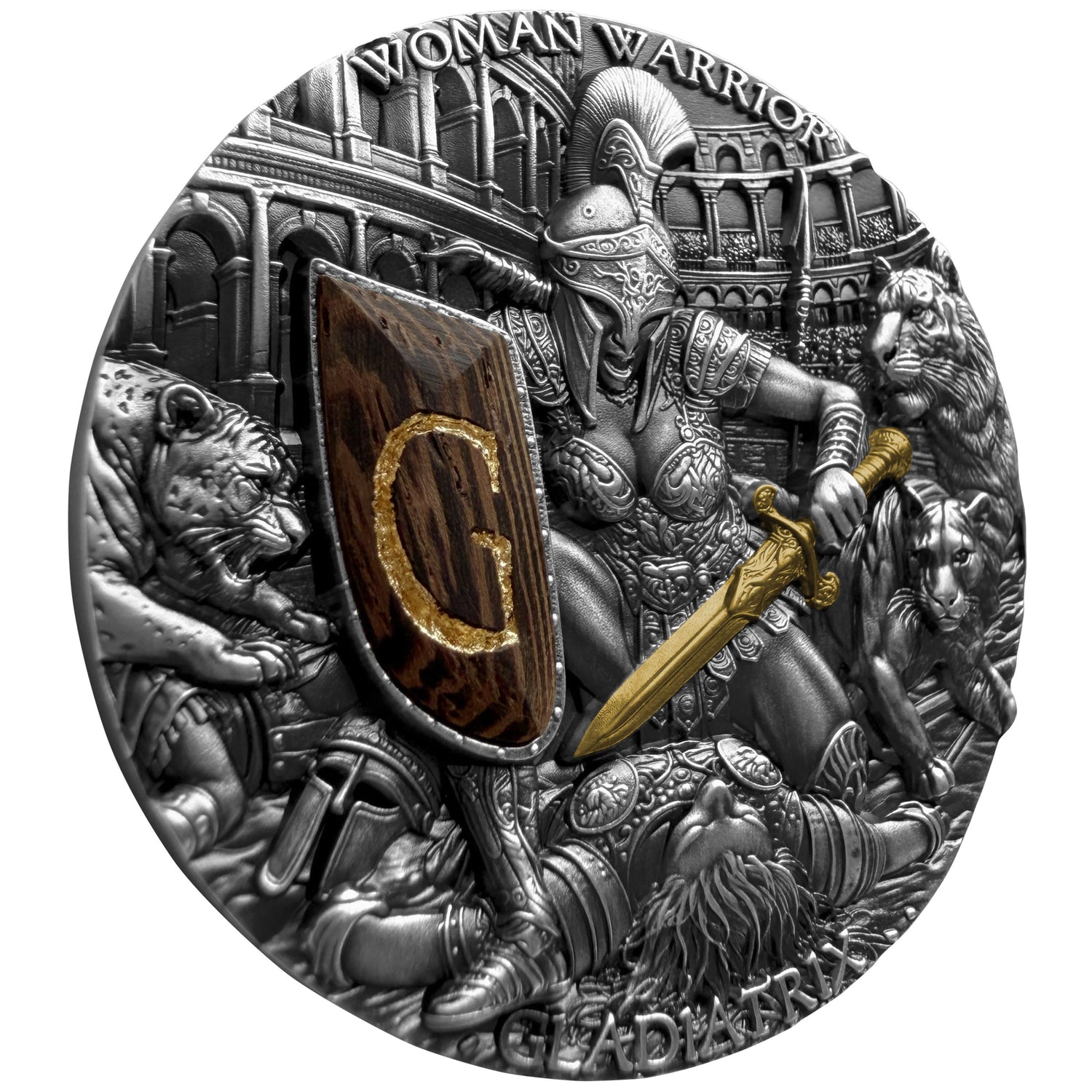 A circular metallic coin or medallion featuring a detailed relief scene of a warrior with a shield marked 'G', surrounded by lions and an arena background. The design uses polished silver-toned metal with dark brown shading and a gold accent on the sword and shield lettering.