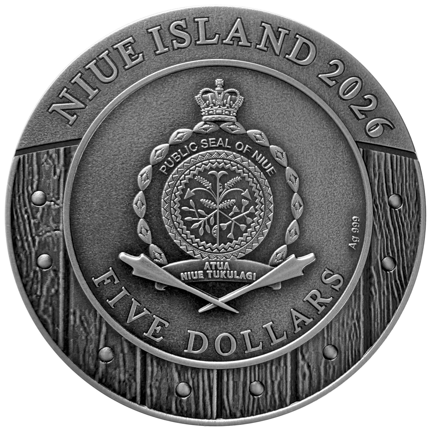 A circular silver-toned coin or medallion featuring the Niue Island 2026 public seal design, with raised text reading 'NIUE ISLAND 2026' and 'FIVE DOLLARS,' plus the Niue emblem and crown in the center, shown on a plain white background.