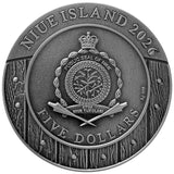 A circular silver-toned coin or medallion featuring the Niue Island 2026 public seal design, with raised text reading 'NIUE ISLAND 2026' and 'FIVE DOLLARS,' plus the Niue emblem and crown in the center, shown on a plain white background.