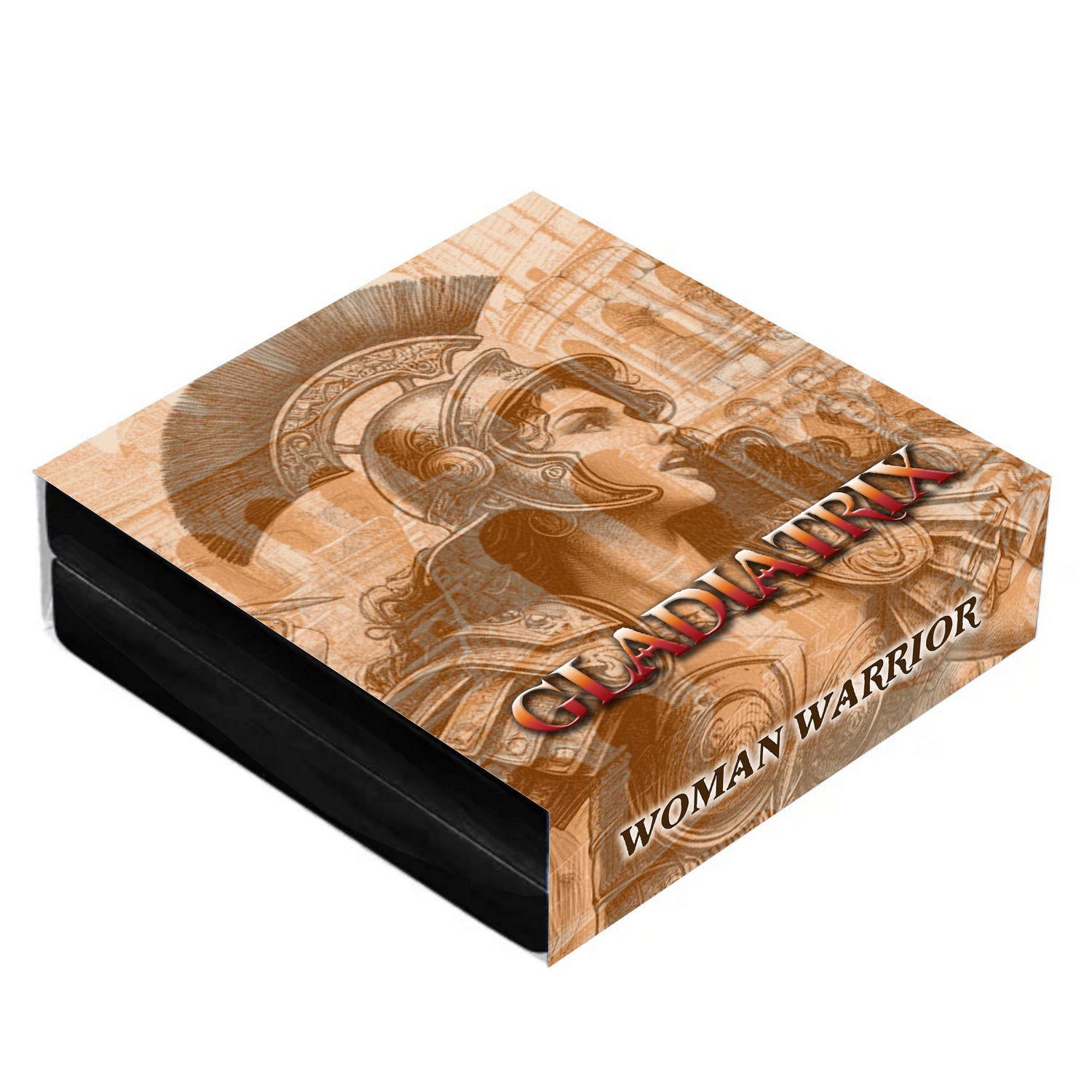 A boxed product titled "GLADIATRIX" and "WOMAN WARRIOR," shown at an angle on a plain white background. The box lid features a sepia-toned illustration of a gladiator helmet and face with stylized text.