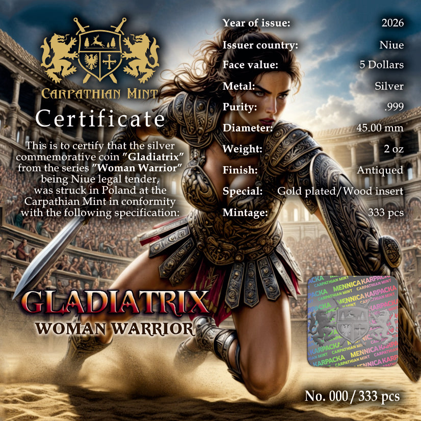 Certificate label for a Gladiatrix Woman Warrior commemorative coin from the Carpathian Mint, featuring a dramatic illustration of a gladiator warrior in armor on a sand-filled arena background, with product specifications listed on the right.