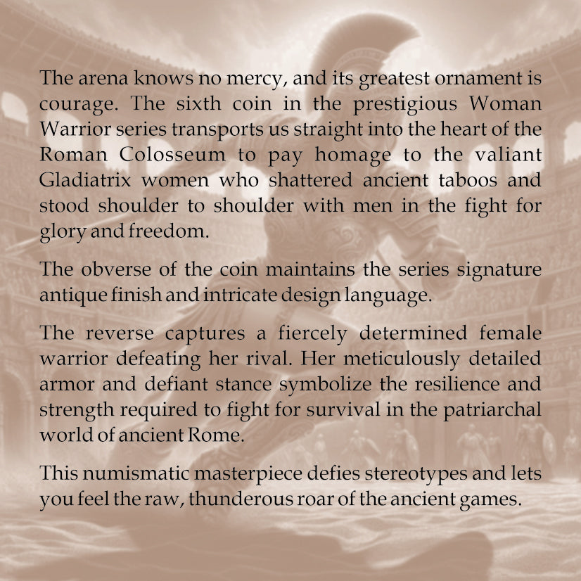 A close-up of a bronze-colored coin featuring a female gladiator warrior in armor, overlaid with five paragraphs of descriptive text about the coin design and Roman Colosseum theme.