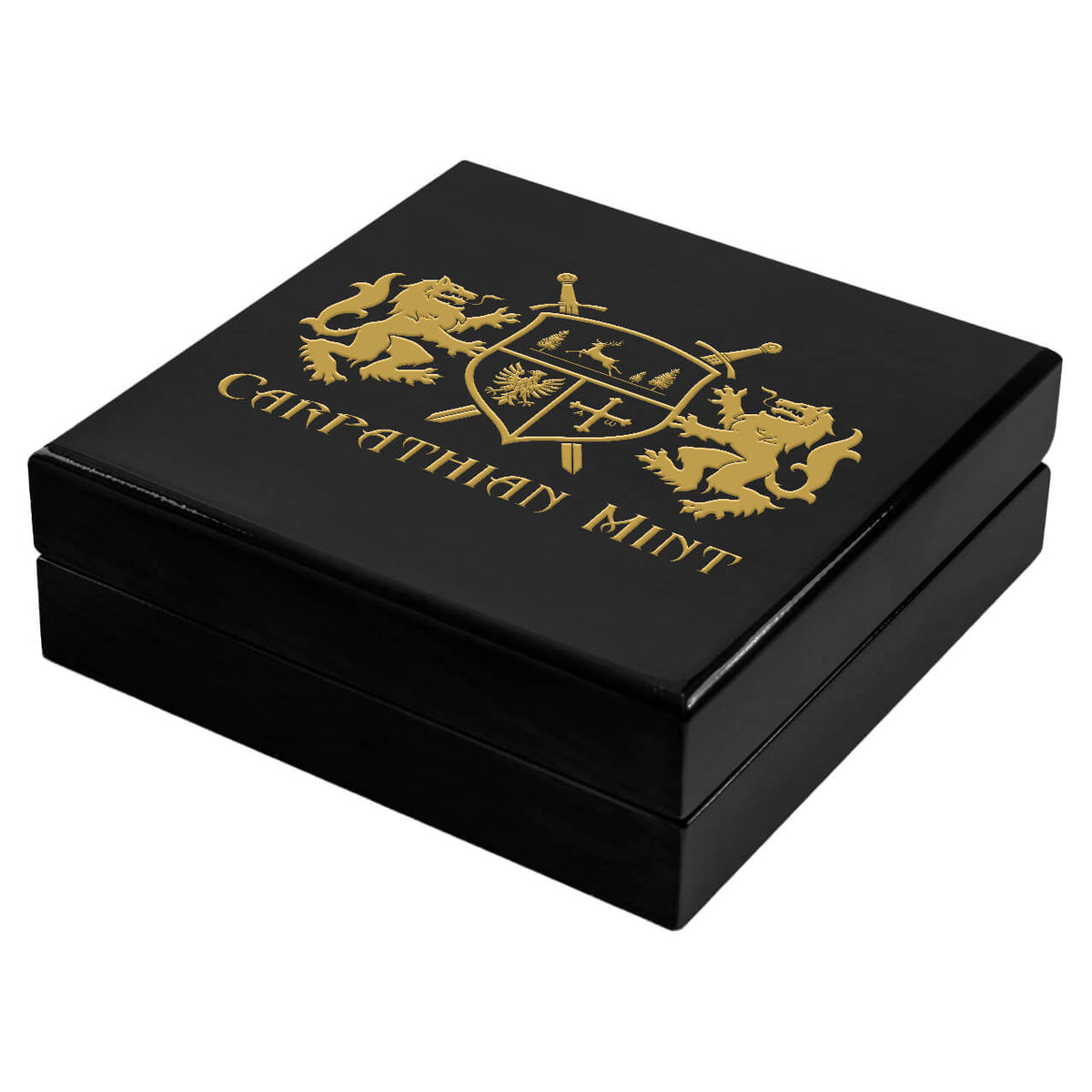 A black square presentation box with a glossy finish, featuring a gold crest and the text 'CARPATTIAN MINT' on the lid, set against a plain white background.
