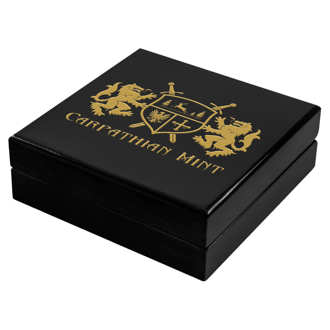 A black square presentation box with a glossy finish, featuring a gold crest and the text 'CARPATTIAN MINT' on the lid, set against a plain white background.