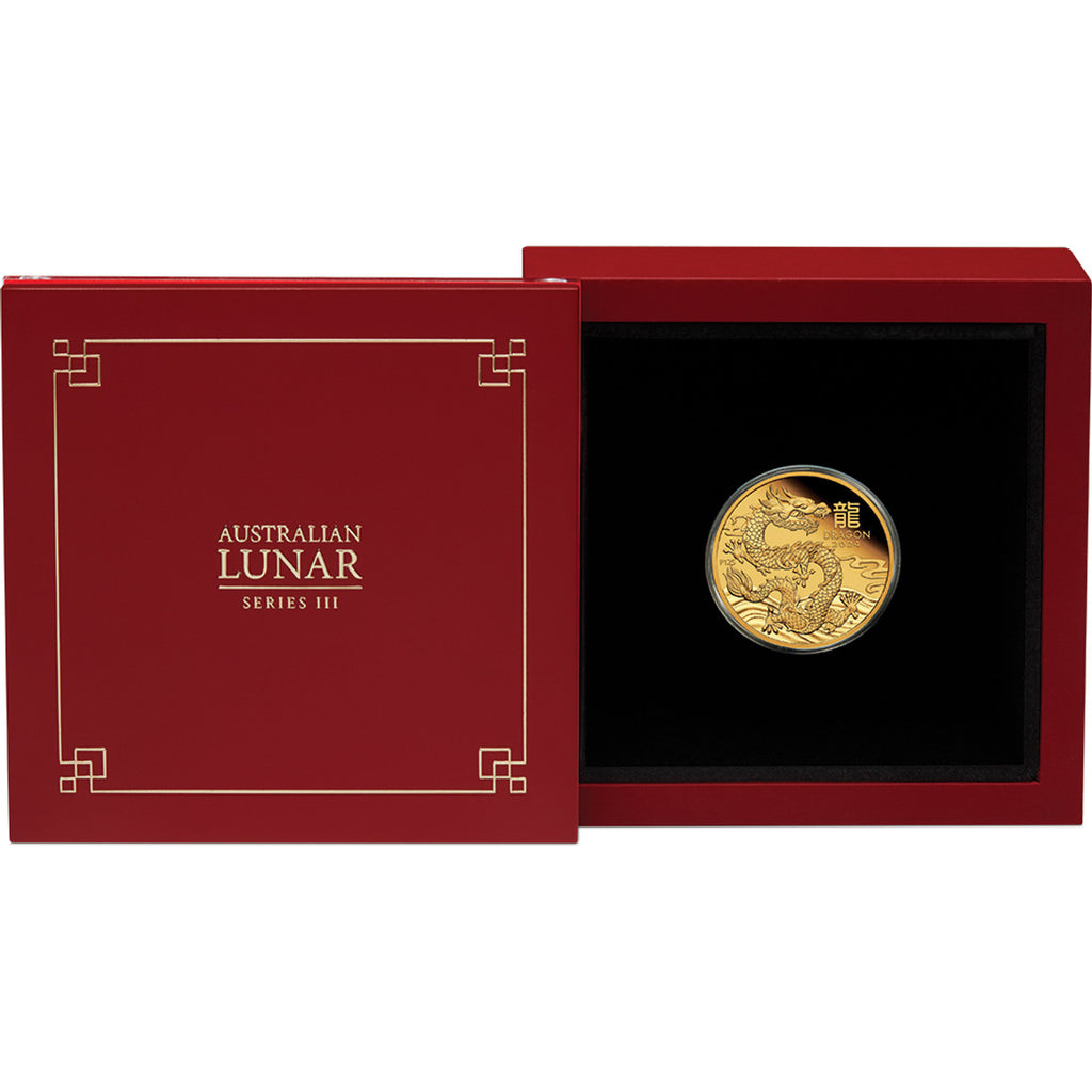 Australian Lunar Series III 2024 $25 Year of the Dragon 1/4oz .9999 Gold Proof Coin Perth Mint and Display Case