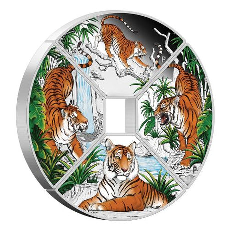 Tuvalu 2022 $1 Year of the Tiger Coloured Quadrant 4 x 1oz Silver Proof Four-Coin Set Perth Mint