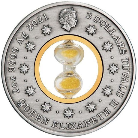 Tuvalu 2021 $2 Hourglass 2oz  Silver Antiqued Coin