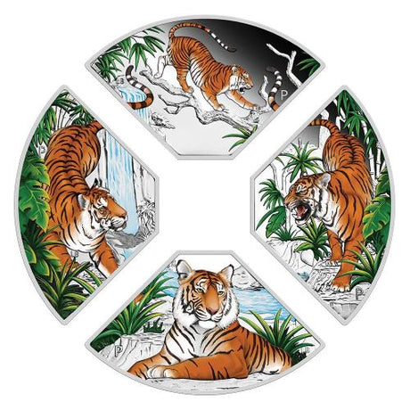 Tuvalu 2022 $1 Year of the Tiger Coloured Quadrant 4 x 1oz Silver Proof Four-Coin Set Perth Mint