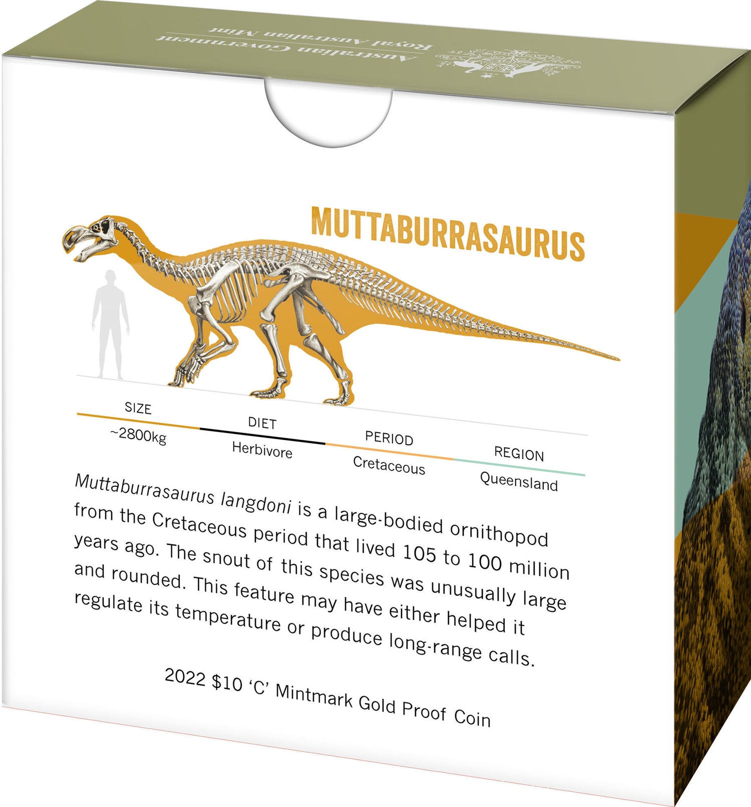 Australia Dinos Down Under 2022 $10 Australian Dinosaurs C Mintmark 1/10oz Gold Proof Coin Back of Box