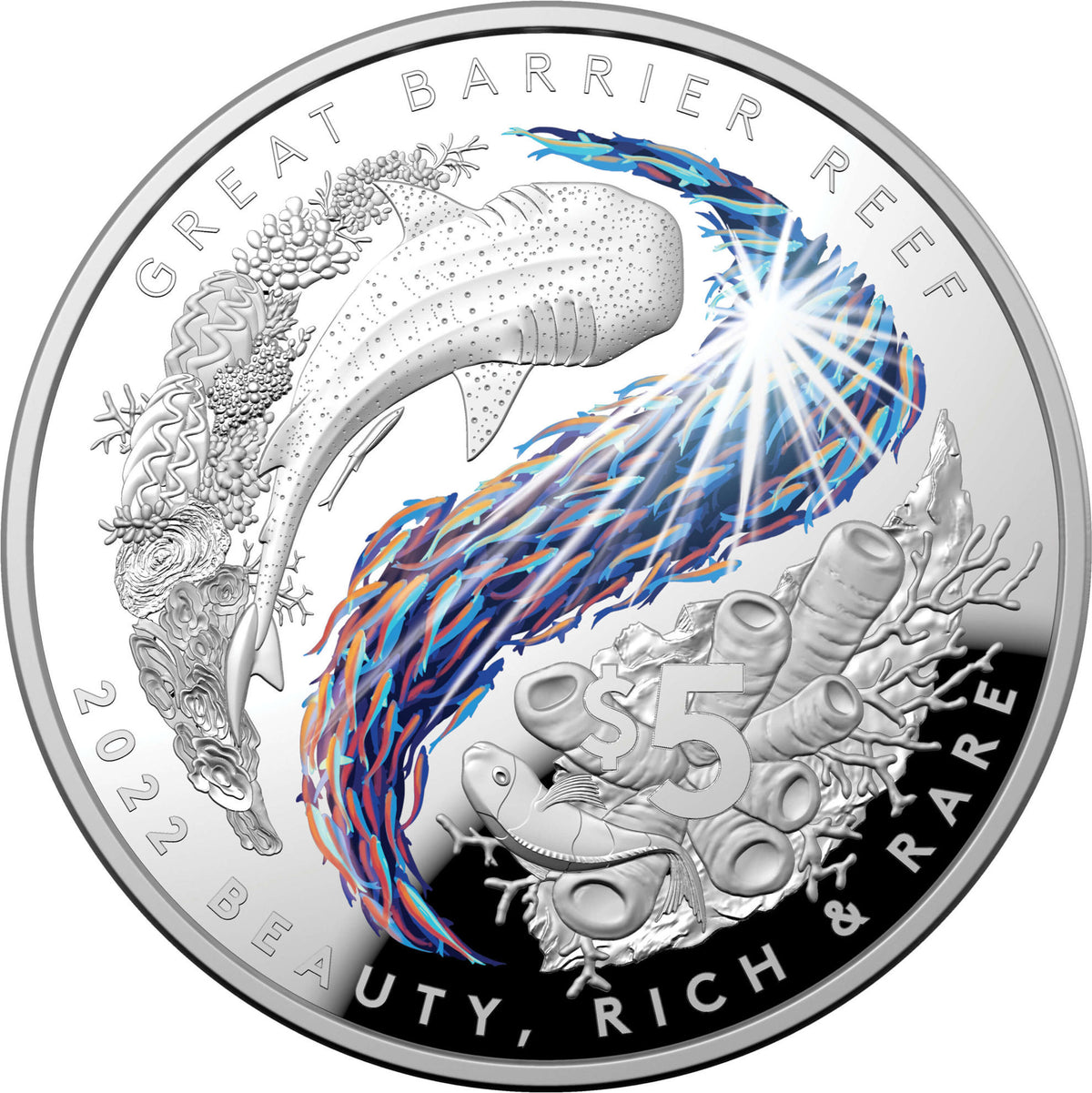 Australia 2022 $5 Beauty Rich & Rare Great Barrier Reef  Silver Coloured Proof Domed Coin