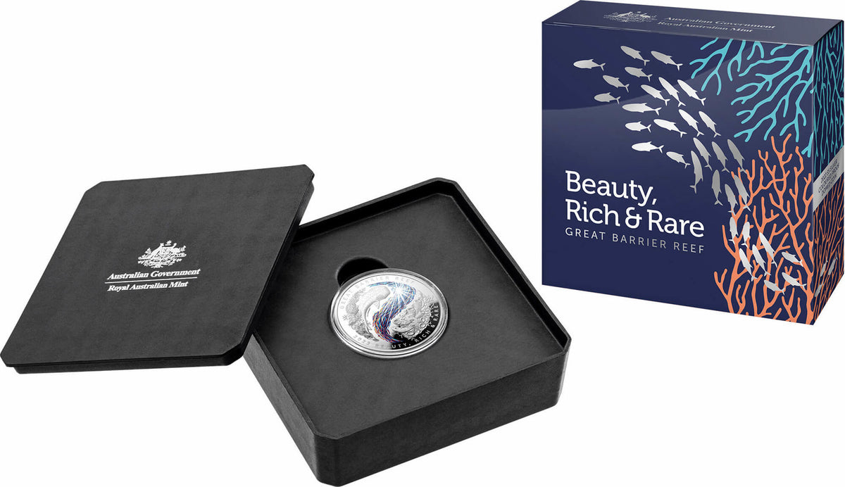Australia 2022 $5 Beauty Rich & Rare Great Barrier Reef  Silver Coloured Proof Domed Coin