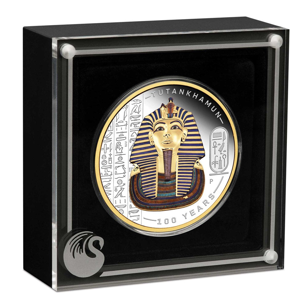 Tuvalu $2 2022 Tutankhamun 100 Year Anniversary Coloured Gold-Gilded 2oz Silver Proof Coin Perth Mint
