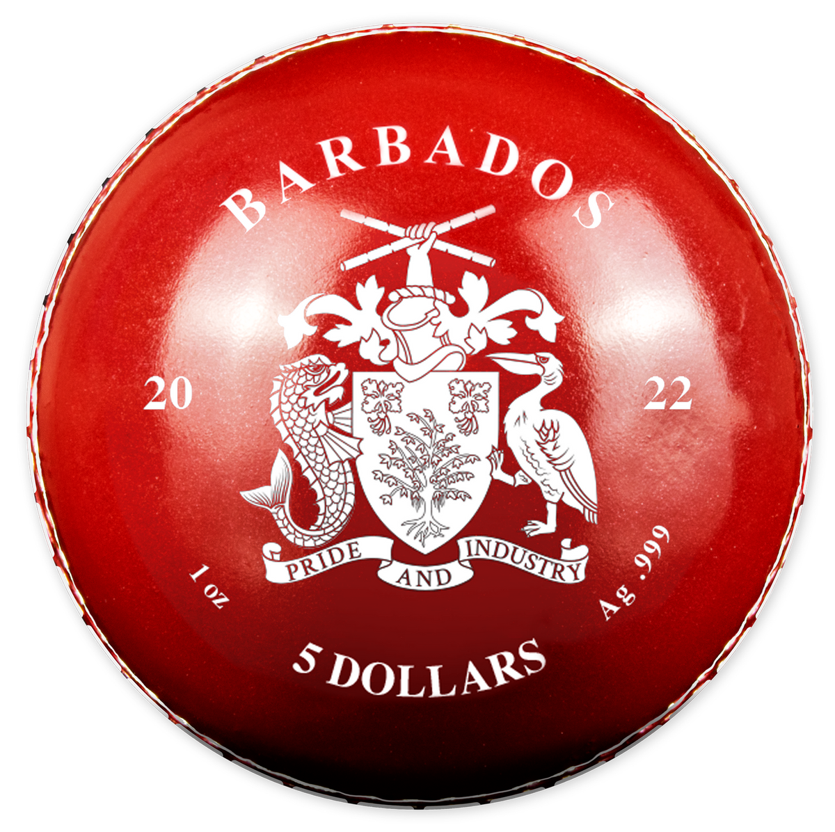 Barbados 2022 $5 T20 Cricket World Cup Ball-shaped Colour 1oz Silver Proof Coin 500 Coins Made