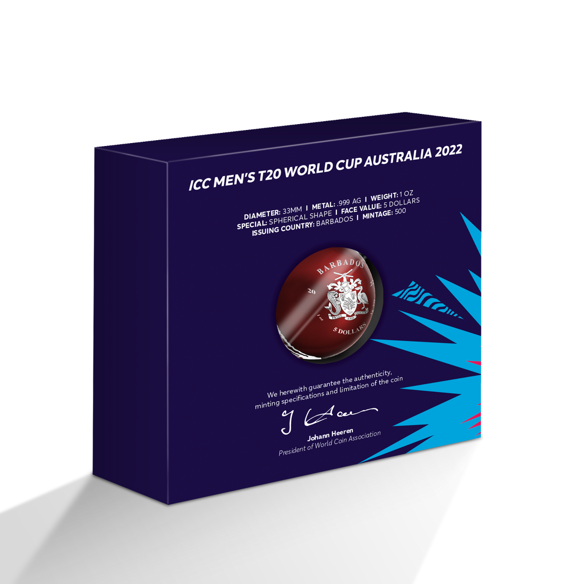 Barbados 2022 $5 T20 Cricket World Cup Ball-shaped Colour 1oz Silver Proof Coin 500 Coins Made