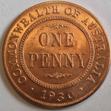 A replica of a 1930 Australian Penny with a shiny new untoned copper finish, showing the obverse and reverse sides.