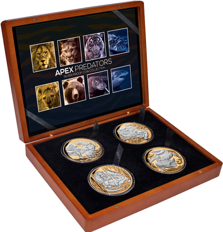 Niue 2022 $10 Apex Predators 5oz Silver Proof 4-Coin Set 25 Sets Minted Matching Edge Numbering