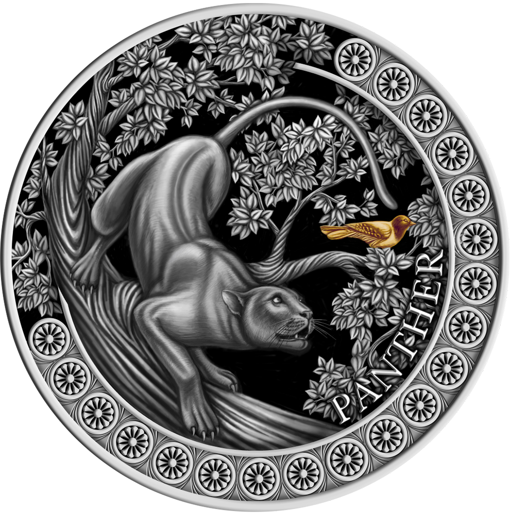 Ghana 2022 10 Cedis Panther Hunting in the Wild Selectively Gilded 2 oz .999 Antique Silver Coin Reverse