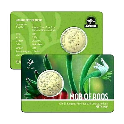 Australia 2019 $1 Uncirculated Kangaroo Paw Privy Mark ANDA Perth Expo Mob of Roos