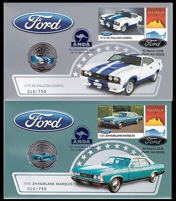 Australia 2018 50 Cent Uncirculated Ford ZH Fairlane Marquis & Falcon Cobra ANDA Foil Overprint Stamp and Coin Cover PNC