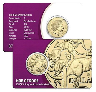 Australia 2015 $1 Uncirculated B Brisbane Mintmark Mob of Roos Limited Mintage 10,000