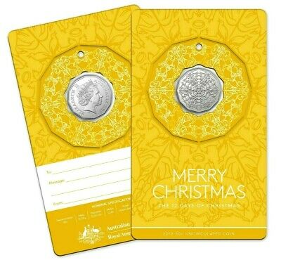 Australia 2019 50 Cent Uncirculated Christmas Decoration Yellow Coloured Foil Carded