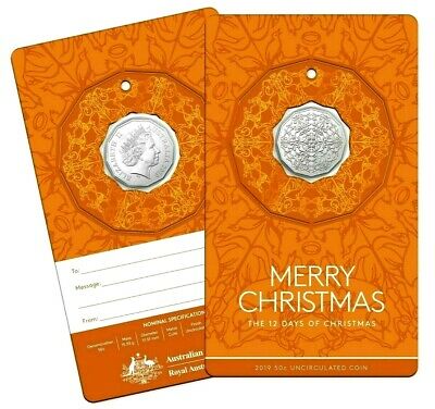 Australia 2019 50 Cent Uncirculated Christmas Decoration Orange Coloured Foil Carded