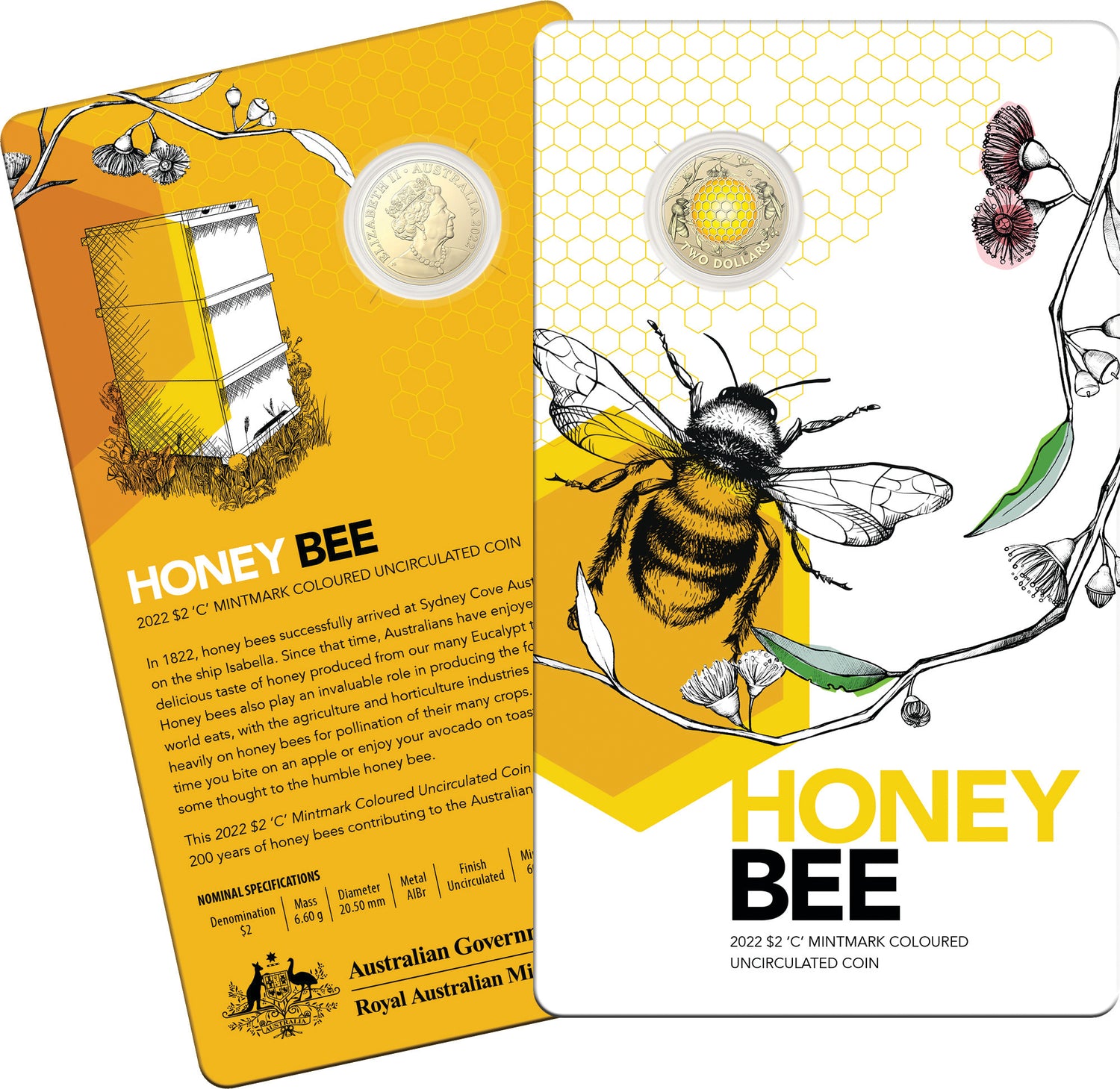 Australia 2022 $2 C Mintmark Honey Bee Uncirculated Carded Coin Back and Front of Card