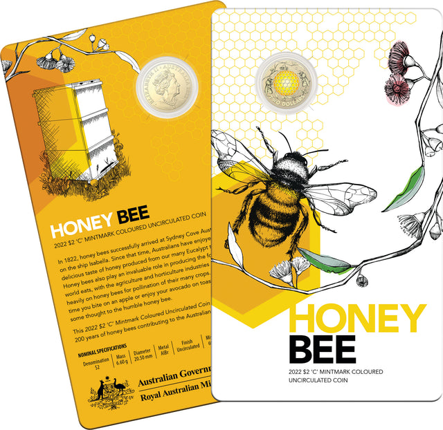 Australia 2022 $2 C Mintmark Honey Bee Uncirculated Carded Coin Back and Front of Card