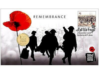Australia 2016 $1 Uncirculated Remembrance Day Dollar ANZAC Stamp & Coin Cover PNC