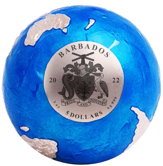Barbados 2022 $5 Endangered Blue Earth with Meteorite from Space Silver 3oz Antiqued Silver Sphere Coin