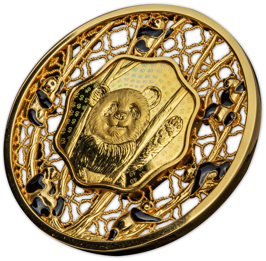 Solomon Islands 2022 $5 Panda Filigree 2oz Gold Plated Silver Proof-like Coin