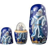 A set of three Russian-themed Matryoshka nesting dolls, each featuring an illustration of 'Ded Moroz' or Santa Claus, with a blue backdrop and snowflakes.