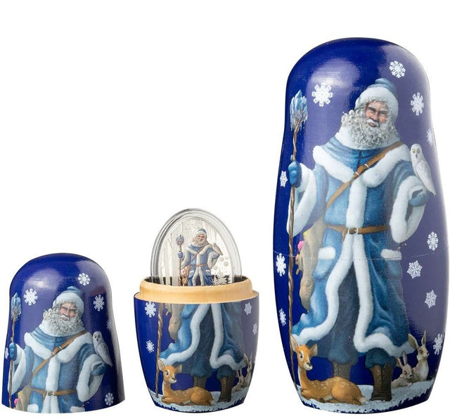 A set of three Russian-themed Matryoshka nesting dolls, each featuring an illustration of 'Ded Moroz' or Santa Claus, with a blue backdrop and snowflakes.