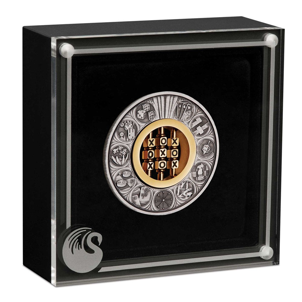 The 2022 Games Through the Ages 2oz silver coin safely enclosed in a clear, modern magnetic perspex window display case. 