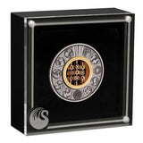 The 2022 Games Through the Ages 2oz silver coin safely enclosed in a clear, modern magnetic perspex window display case. 