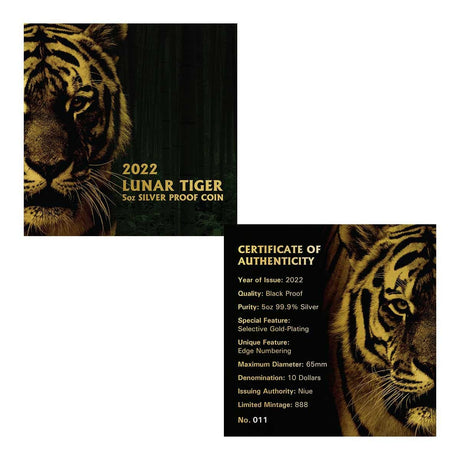 Niue 2022 $10 Lunar Year of the Tiger 5 oz Silver Gold Plated Gilded Black Proof Coin