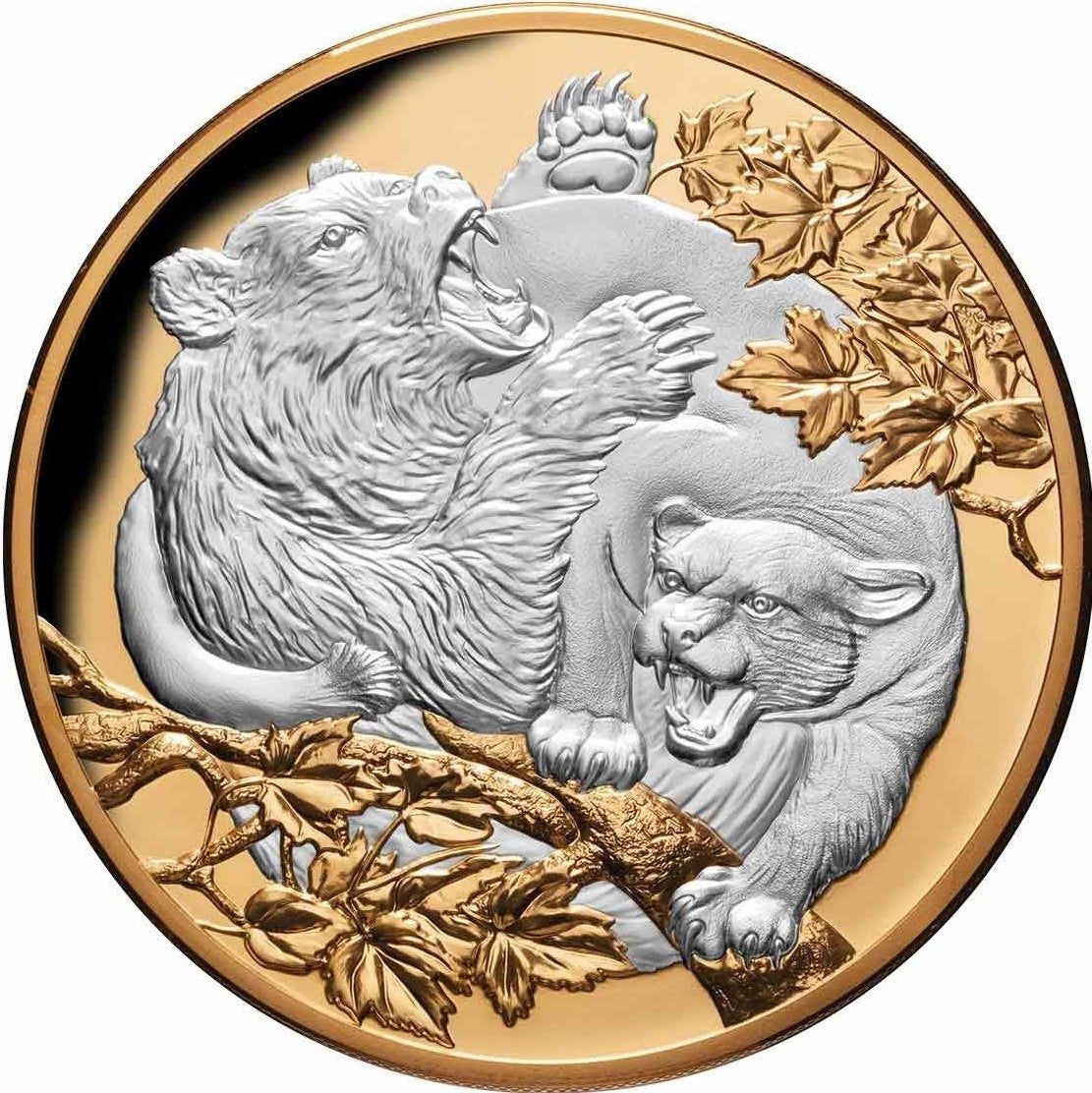 CERTIFICATE # 8 Niue 2022 $10 Apex Predators - Cougar vs Bear Selectively Gold-Plated 5oz Silver Proof Coin