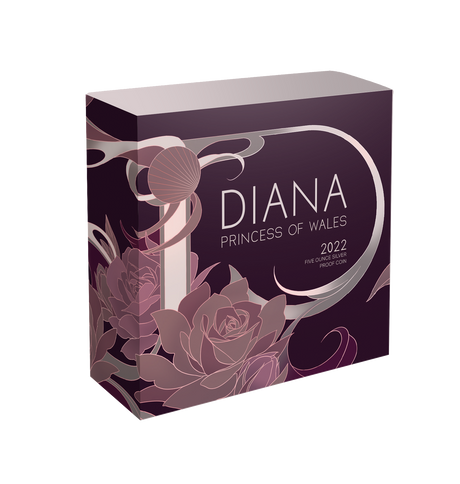 Tokelau 2022 $10 Diana Princess of Wales Rose-Gold Plated Coloured 5oz Silver Proof Coin Box front