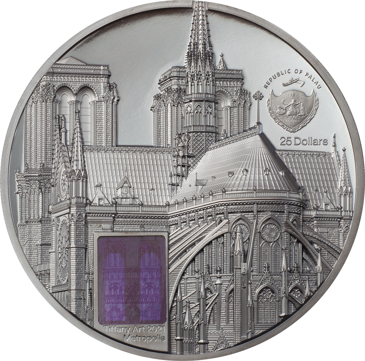Palau 2021 $25 Notre Dame de Paris Tiffany Art 5 Oz Black Silver Proof Coin CIT Smartminting®