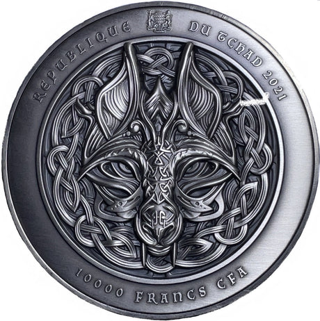Republique du Tchad 2021 10000 Francs Binding of Fenrir 2 Oz Antiqed Silver 11.5 oz Copper Coin